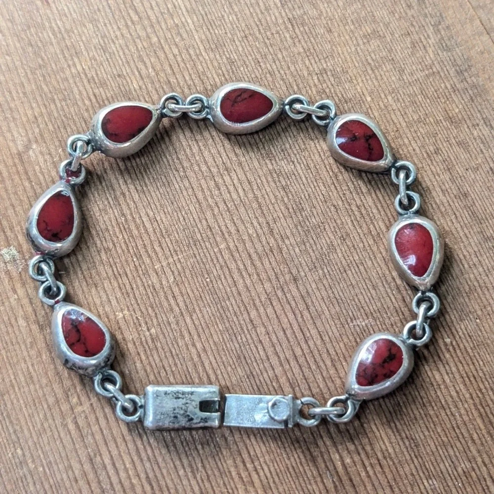 Vintage Sterling Silver Red Jasper Gemstone Teardrop Link Bracelet 925 Mexico